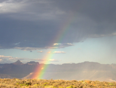 [A strip of yellow-brown sagebrush lines the bottom of the image with a greyed mountain range in the distance. There is a splash of light-blue in the middle with a few white clouds in the distance, but the near sky has a dark cloud over it. The rainbow starts at the sagebrush and extends nearly verticle to the sky. The red is on the left and the purple on the right with orange, yellow and green between them.]